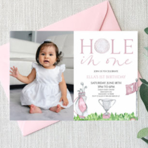 Invitation Trou en un rose Golf Photo 1er anniversaire fête