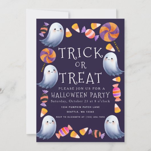 Invitation Trou ou Traiter de mignons Fantômes Candy Hallowee (Devant)