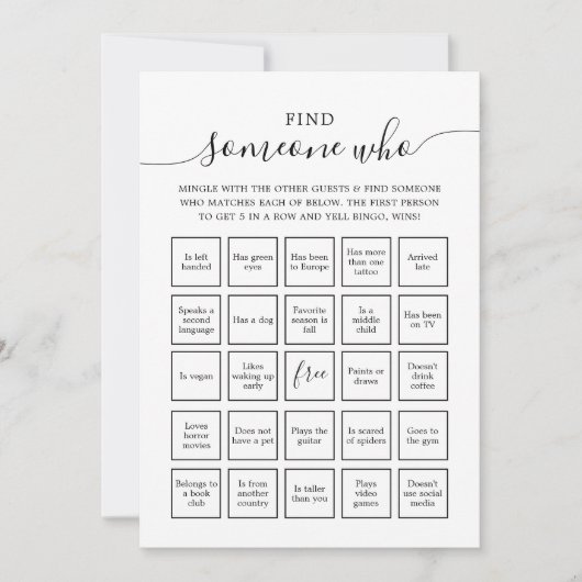 Invitation Trouver quelqu'un qui les invités Bingo (Devant)