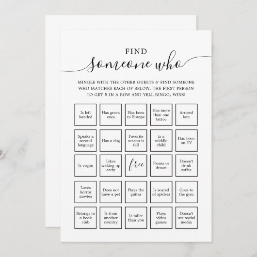 Invitation Trouver quelqu'un qui les invités Bingo (Devant / Derrière)