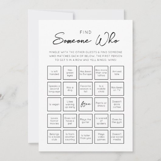 Invitation Trouver quelqu'un qui les invités Bingo (Devant)