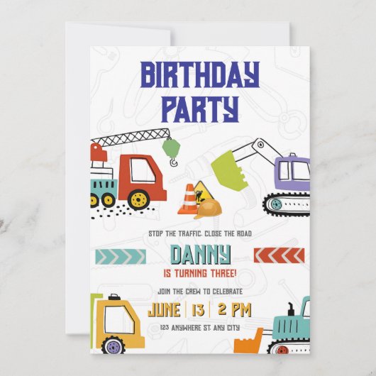 Invitation Trucs de fête Thème pour les garçons (Devant)