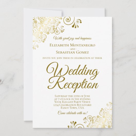 Invitation Trucs d'or sur blanc Elégant mariage réception (Devant)