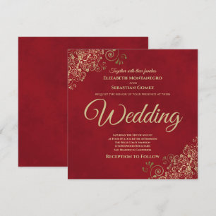 Invitation Trucs d'or sur Crimson Red Elegant Mariage Carré