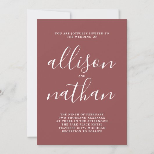 Invitation True Simplicity 1 Script Marsala Minimal Mariage (Devant)