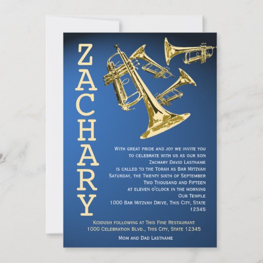 Invitation Trumpets Musique Blue Gold Bar Mitzvah (Devant)