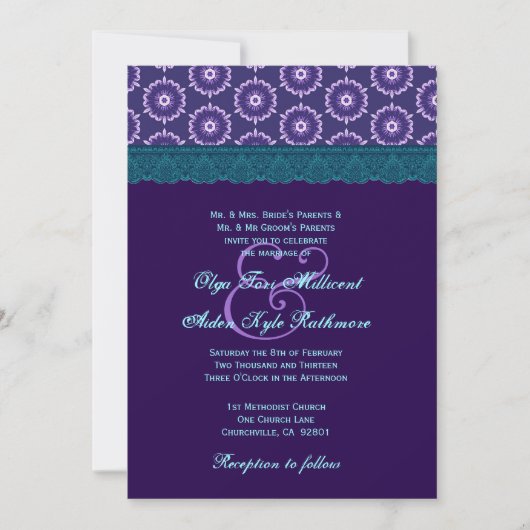 Invitation TT024 Monogramme de Mariage de dentelle bleue et v (Devant)