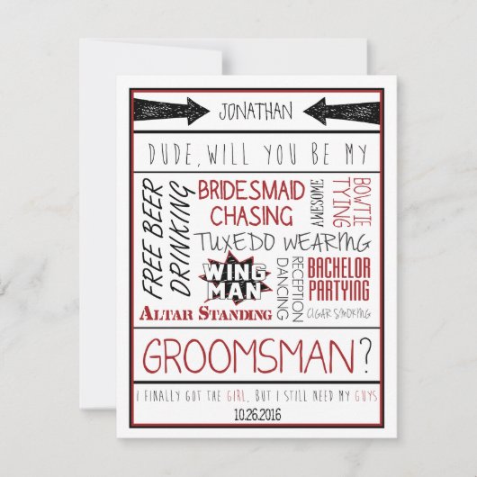 Invitation Tu seras mon Groomsman ? Collage rouge/noir (Devant)