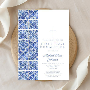 Invitation Tuiles Bleues Méditerranéennes Garçon Première Com