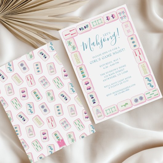 Invitation Tuiles de Mahjong Rose et Vert Aquarelle Fête