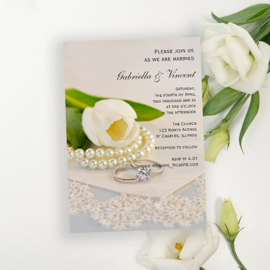 Invitation Tulipe blanche, perles et anneaux Mariage