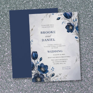 Invitation Tulipe Hellebore Navy Mariage Pailleté Argenté Air