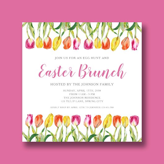 Invitation Tulipe rose colorée Brunch de Pâques