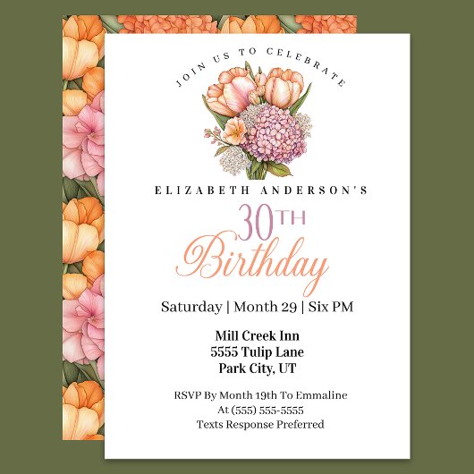 Invitation Tulipe rose et orange clair 30e anniversaire