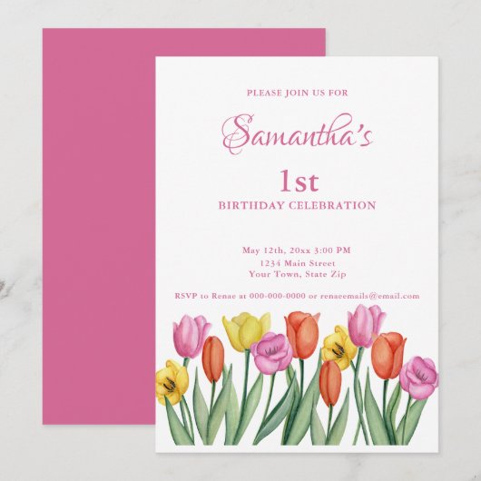 Invitation Tulipes Aquarelle 1er Anniversaire  (Devant / Derrière)