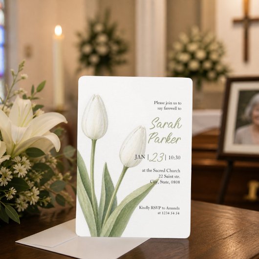 Invitation Tulipes Aquarelle Blanche Enterrement