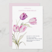 Invitation Tulipes aquarelles lilas rose violet (Devant / Derrière)
