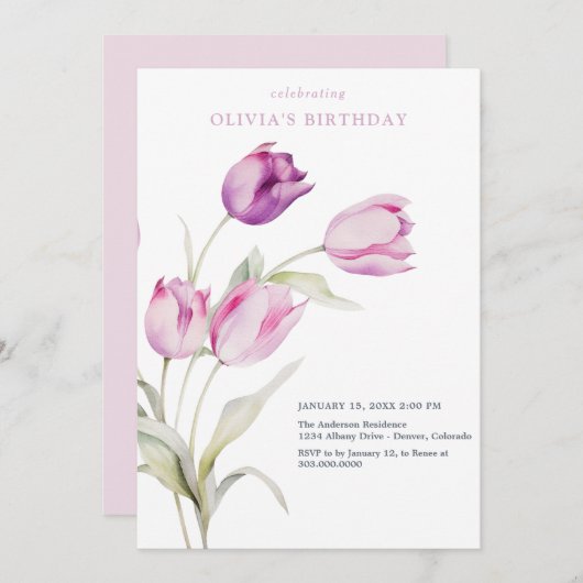 Invitation Tulipes aquarelles lilas violet tendre (Devant / Derrière)