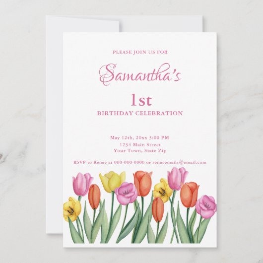 Invitation Tulipes d'aquarelle 1er anniversaire (Devant)