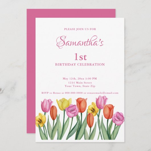 Invitation Tulipes d'aquarelle 1er anniversaire (Devant / Derrière)