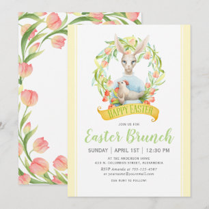 Invitation Tulipes d'aquarelle et lapin Brunch de Pâques