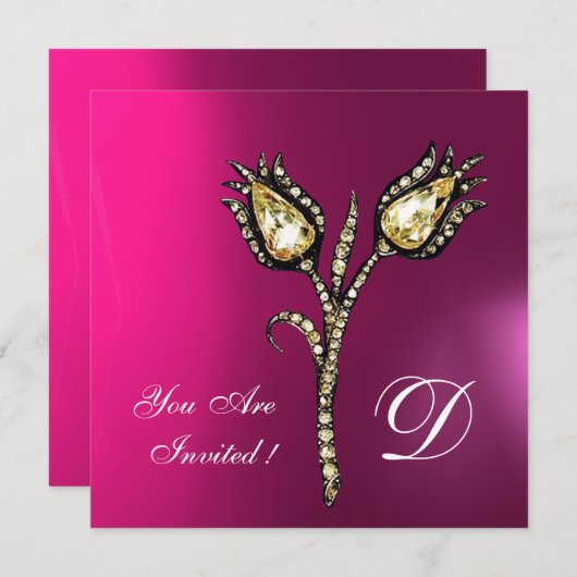 Invitation TULIPES DIAMANT MONOGRAMME ,Rose Fuchsia Violet (Devant / Derrière)
