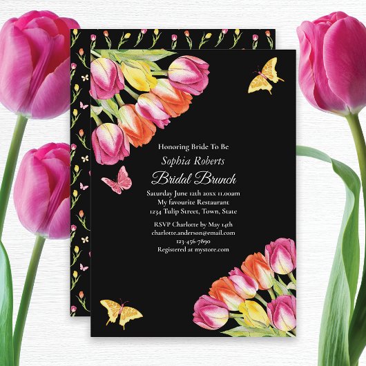Invitation Tulipes et papillons Noir Bridal Brunch