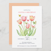 Invitation Tulipes Florales Aquarelle Pêche (Devant / Derrière)