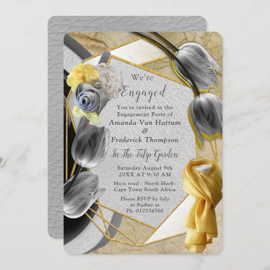 Invitation Tulipes gris et jaune sur la texture. (Devant / Derrière)