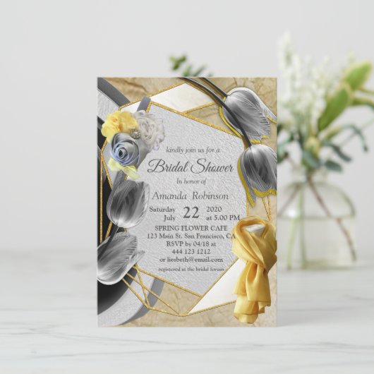 Invitation Tulipes gris et jaunes sur texture (Debout devant)
