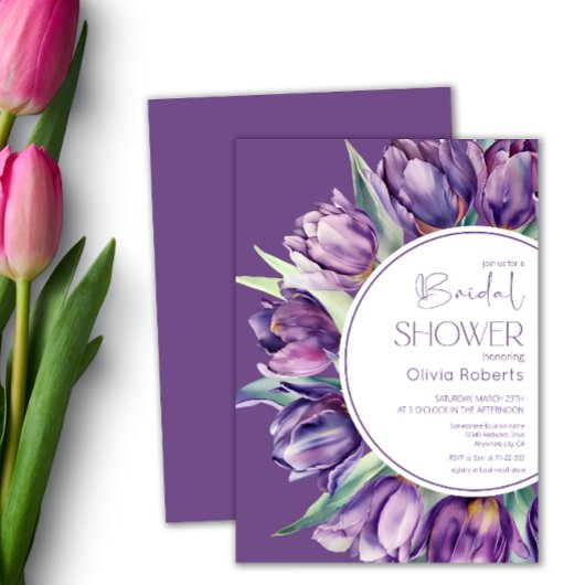 Invitation Tulipes pourpres printemps Aquarelle douche nuptia
