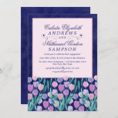 Invitation Tulipes rose bleue Fiançailles d'aquarelle florale (Devant / Derrière)