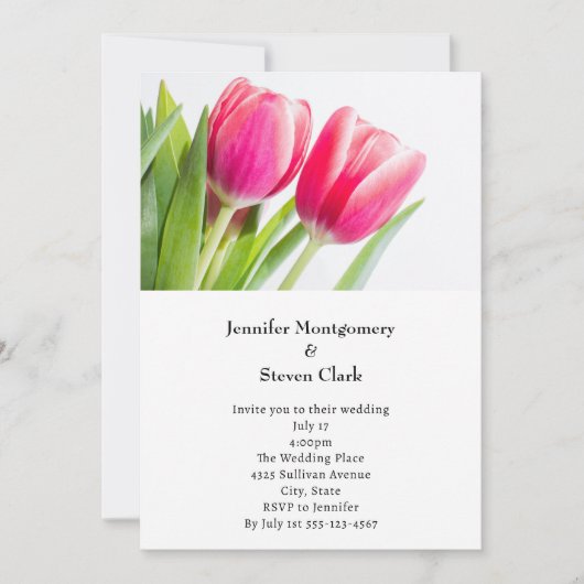 Invitation Tulipes roses avec Mariage photo Feuille vert (Devant)