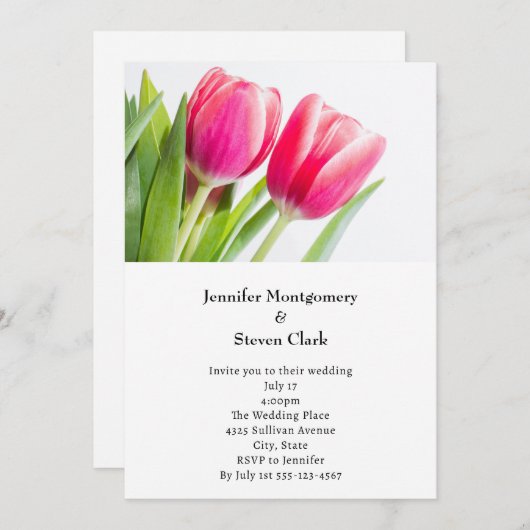 Invitation Tulipes roses avec Mariage photo Feuille vert (Devant / Derrière)