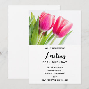 Invitation Tulipes roses avec photo d'anniversaire de feuille