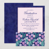 Invitation Tulipes roses bleues Aquarelle florale Graduation (Devant / Derrière)