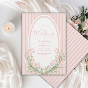 Invitation Tulipes roses rayure rose mariage vintage