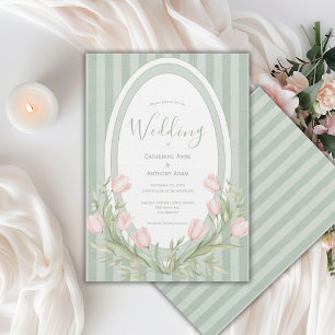 Invitation Tulipes roses rayure vert sauge Mariage vintage