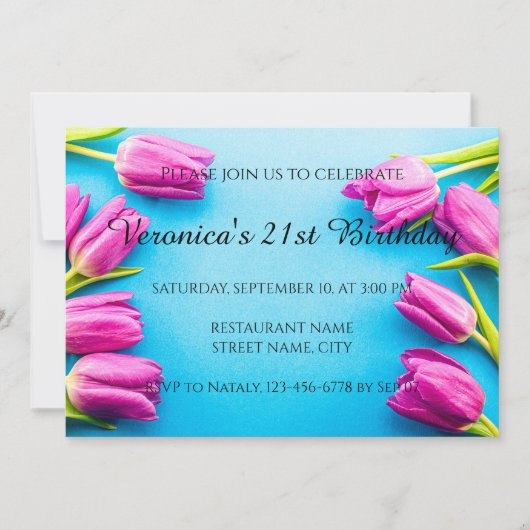 Invitation Tulipes roses sur fond bleu (Devant)
