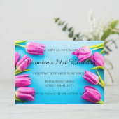 Invitation Tulipes roses sur fond bleu (Debout devant)