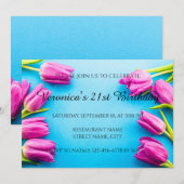 Invitation Tulipes roses sur fond bleu (Devant / Derrière)