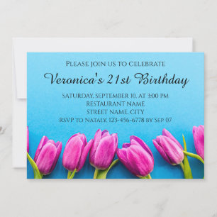 Invitation Tulipes roses sur fond bleu