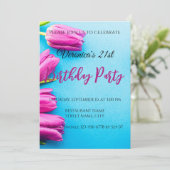 Invitation Tulipes roses sur un fond bleu (Debout devant)