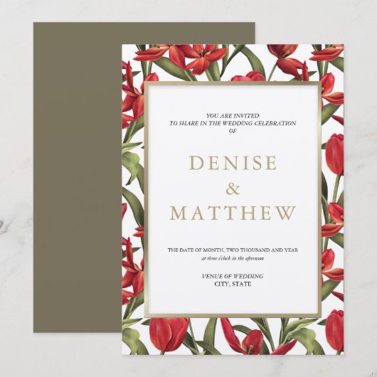Invitation Tulipes rouges aquarelle florale avec lettrage dor (Devant / Derrière)