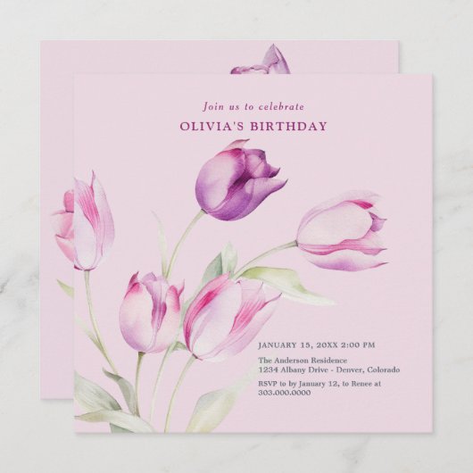 Invitation Tulipes Violettes Élégantes (Devant / Derrière)