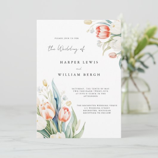 Invitation Tulips aquarelle moderne code qr mariage (Debout devant)