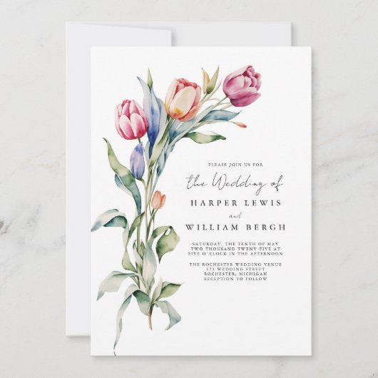 Invitation Tulips d'aquarelle bouquetée moderne code qr maria (Devant)