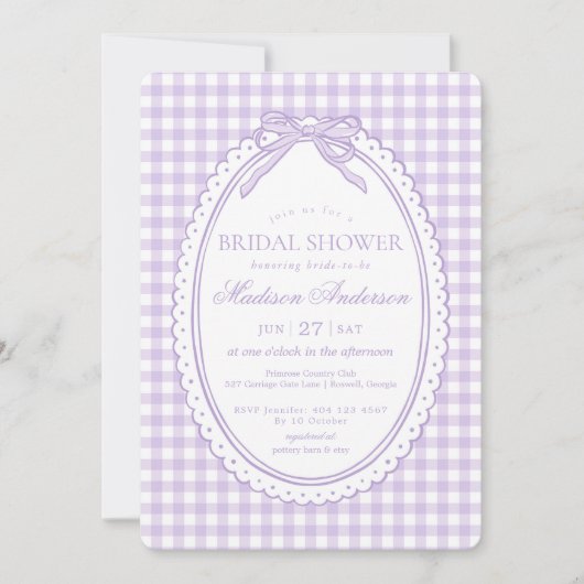 Invitation Tulle Gingham Coquette Nœud Réception de Mariage (Devant)