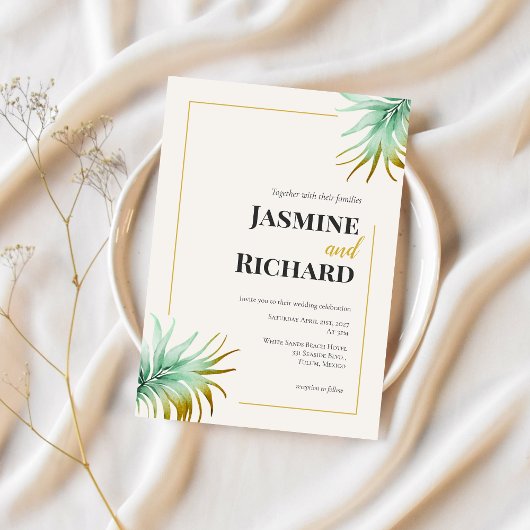 Invitation Tulum Watercolor Tropical Gold Palm Destination