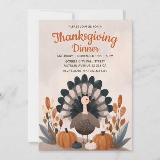 Invitation Turkey& Fall Foliage Pastel Thanksgiving Dinner (Devant)